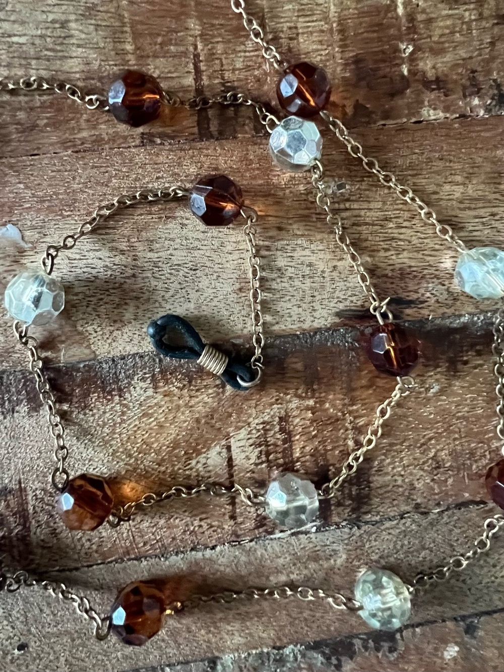 Amber & Aquamarine Beads Copper Chain Eyeglasses Sunglasses Holder 27” Vintage